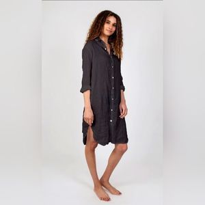 CP Shades Linen Harper Shirt Dress Black/Dark Blue Pockets, Oversized | XS